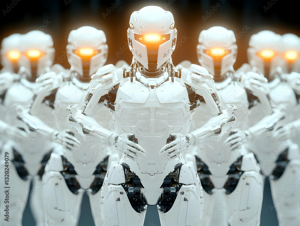Poster a 3d rendering of a squad of white humanoid robots standing in formation, their glowing eyes intense