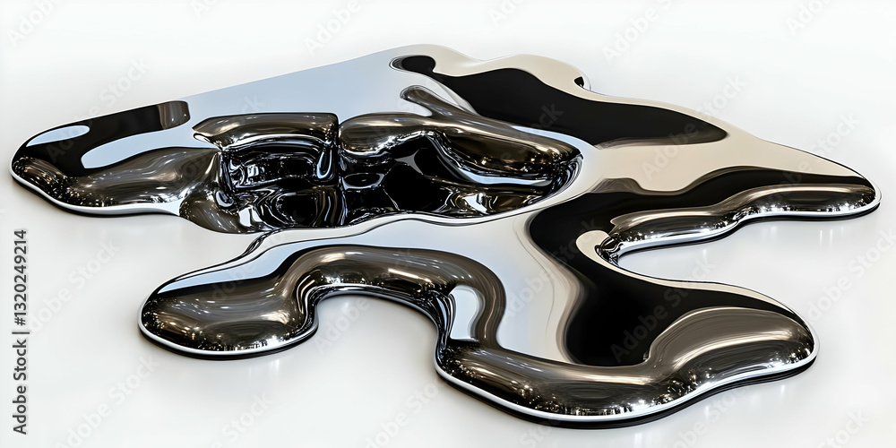 Poster 3d render of molten metal abstract background: shiny, chrome-like liquid pooled on a white surface, 