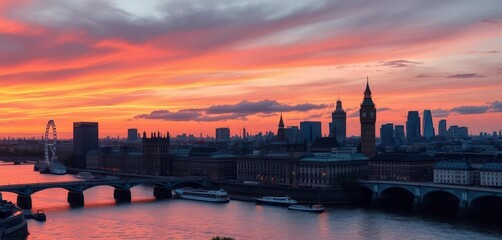 Panoramic view of London's skyline at sunset, showcasing iconic landmarks and the River Thames, towers, aerial view