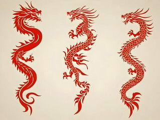 Fototapeta premium Three stylized red dragons ascend in elegant curves, forming a visually striking, artistic illustration perfect as a background image.