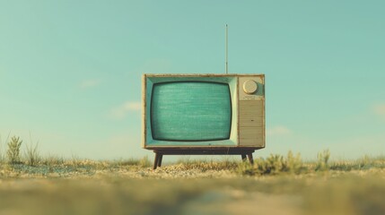 Vintage Television Set on an Open Landscape with a Clear Blue Sky and Green Grass in a Retro Aesthetic Atmosphere