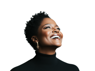 A Radiant Portrait of Joy: Celebrating the Laughter and Warmth of a Happy Black Woman Embracing Life's Delightful Moments.