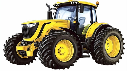 Obraz premium Digital illustration of a yellow farming tractor with large tires, detailed engine, and a modern cabin, showcasing agricultural machinery.