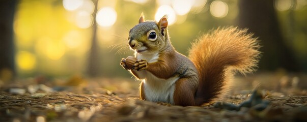 Fototapeta premium A small squirrel sitting in the forest holding a nut