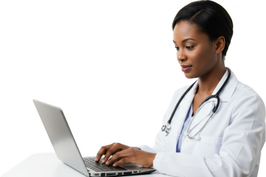 Confident African American Female Doctor using Laptop Computer Healthcare Professional at Work