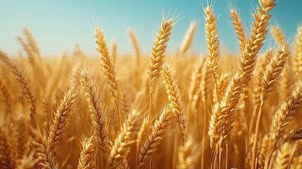 Fototapeta premium Golden wheat field under a clear blue summer sky