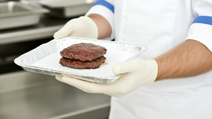 Chef in White Uniform Wearing Gloves Holds Tray of Cooked Brown Meat Patties