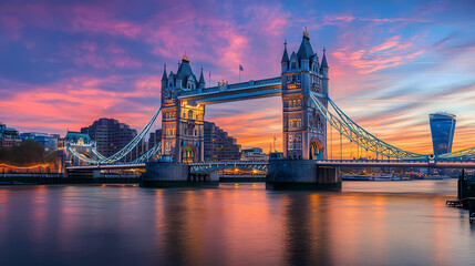Obraz premium Iconic Tower Bridge at Sunset: A stunning photorealistic view of the iconic Tower Bridge, bathed in the vibrant colors of a breathtaking sunset reflecting on the tranquil water below.