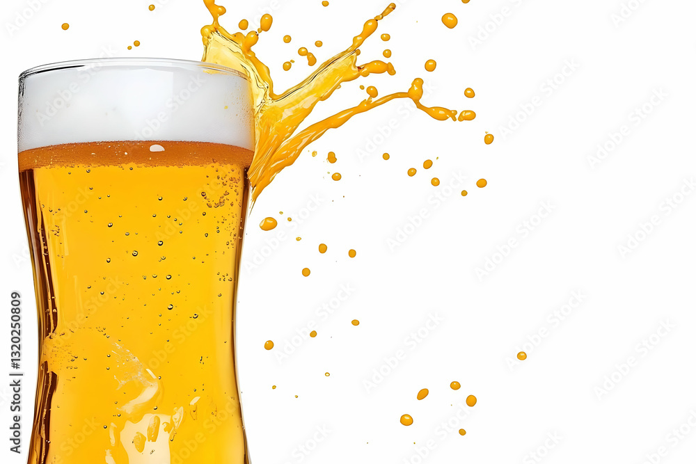 Poster dynamic splash of golden liquid bursts from a glass, creating a vibrant, refreshing image.