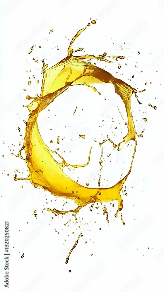 Poster abstract golden liquid splashing in circular motion, creating a dynamic and vibrant design element.