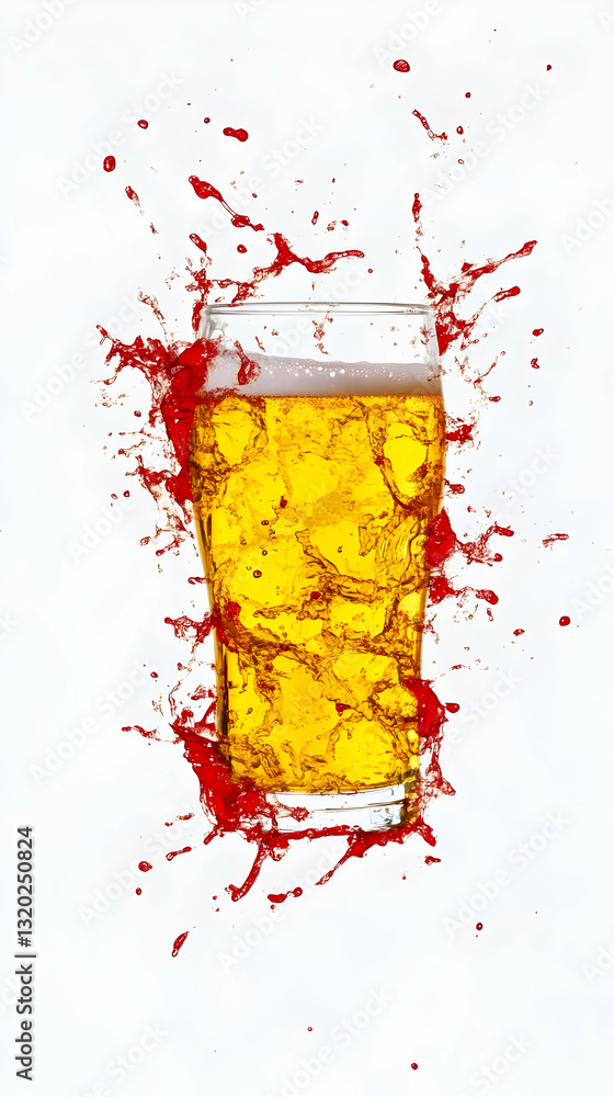 Poster dynamic splash of yellow liquid from a glass, red splashes surround it on white background: an abstr