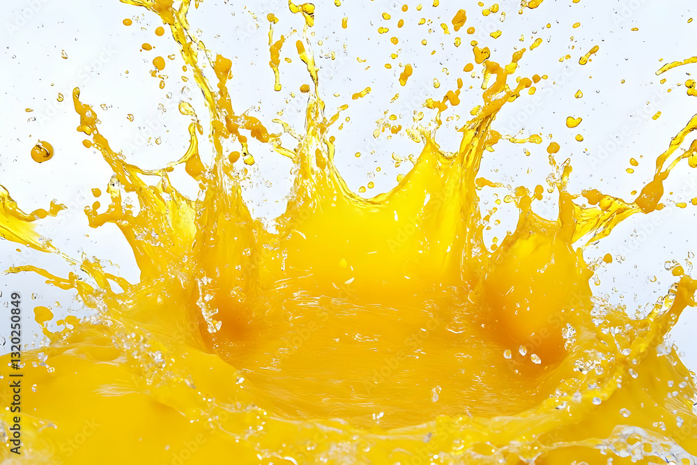 Poster vibrant yellow liquid splashing dynamically against white background, creating an abstract 3d textur