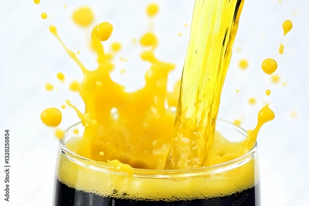 Poster vibrant yellow liquid splashing into glass, creating a dynamic and energetic scene with frothy head.