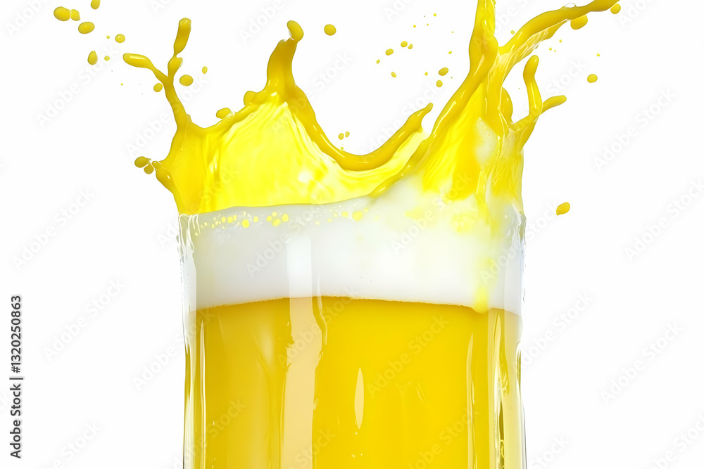 Poster vibrant yellow liquid explodes from glass, creating a dynamic splash, isolated on white background