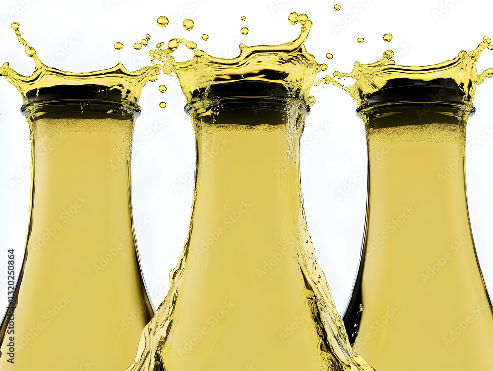 Poster 3d render of golden liquid splashing from bottles, abstract background illustration