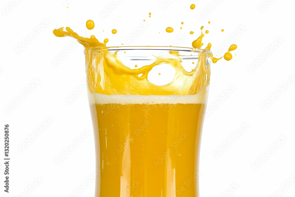 Poster vibrant yellow liquid splashing into a glass, creating a dynamic and refreshing image