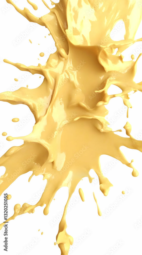 Poster dynamic 3d render of a creamy yellow liquid splashing and exploding against a white background