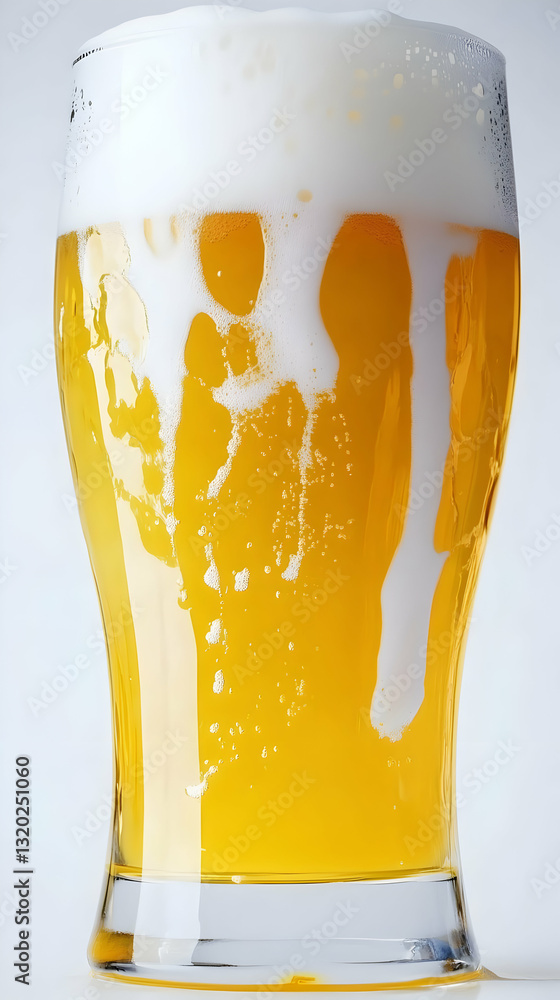 Poster close-up view of a glass filled with golden beer and abundant white foam, sparkling with bubbles, sh