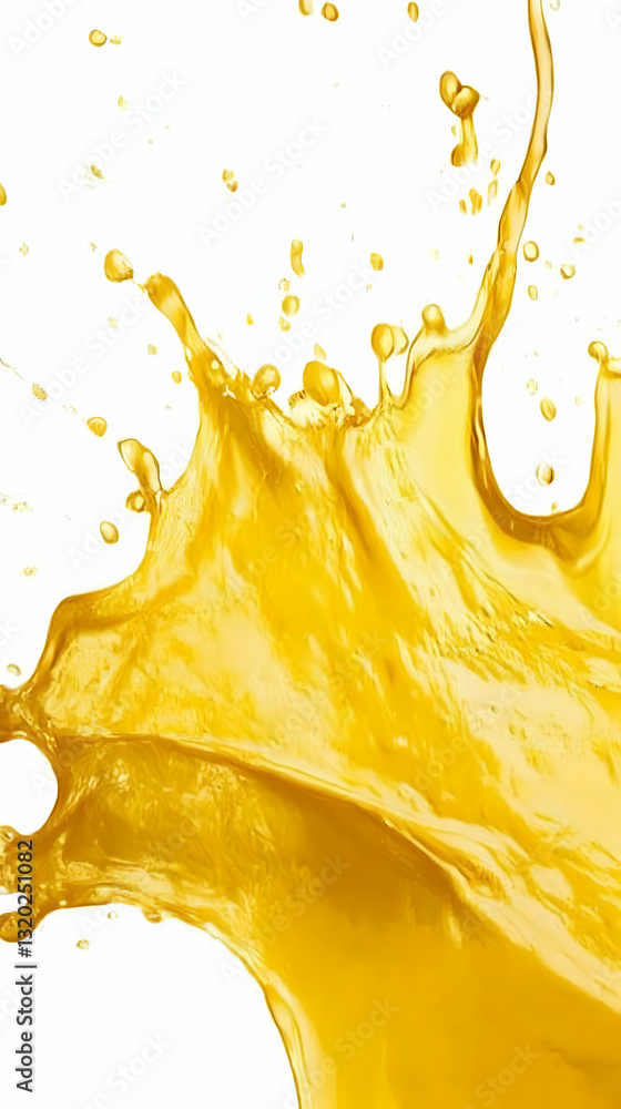 Poster dynamic splash of yellow liquid explodes on white background, illustrative 3d render of vibrant citr