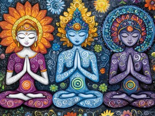 Obraz premium Three women in lotus position meditating amidst a colorful array of flowers in a serene setting