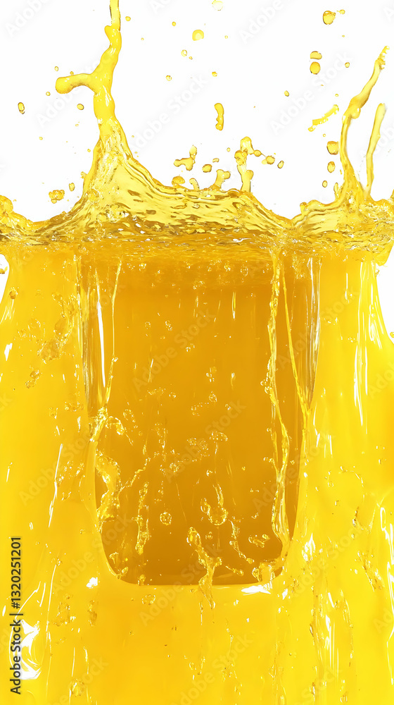 Poster dynamic 3d render of yellow liquid splashing with intense energy, creating a vibrant abstract backgr