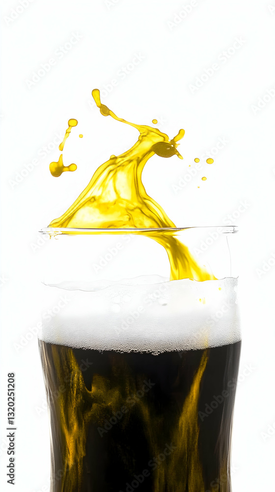 Poster abstract image of golden liquid splashing into a dark beverage in glass, creating a dynamic visual e