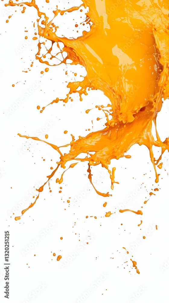 Poster 3d render of orange liquid splashing dynamically against white background, showing its texture and f