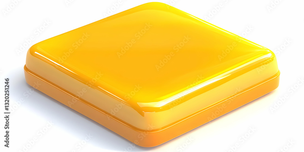Poster Shiny Yellow 3D Square Button Icon, Represents Digital Interface Element, Abstract Glossy Background, Vivid Color, Realistic Render
