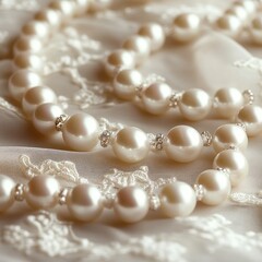 Elegant Pearl Necklaces on Lace Fabric in Fine Art Photography