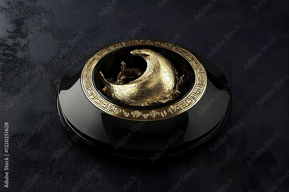 Poster 3d render of a golden creature in a black circular frame with greek key design