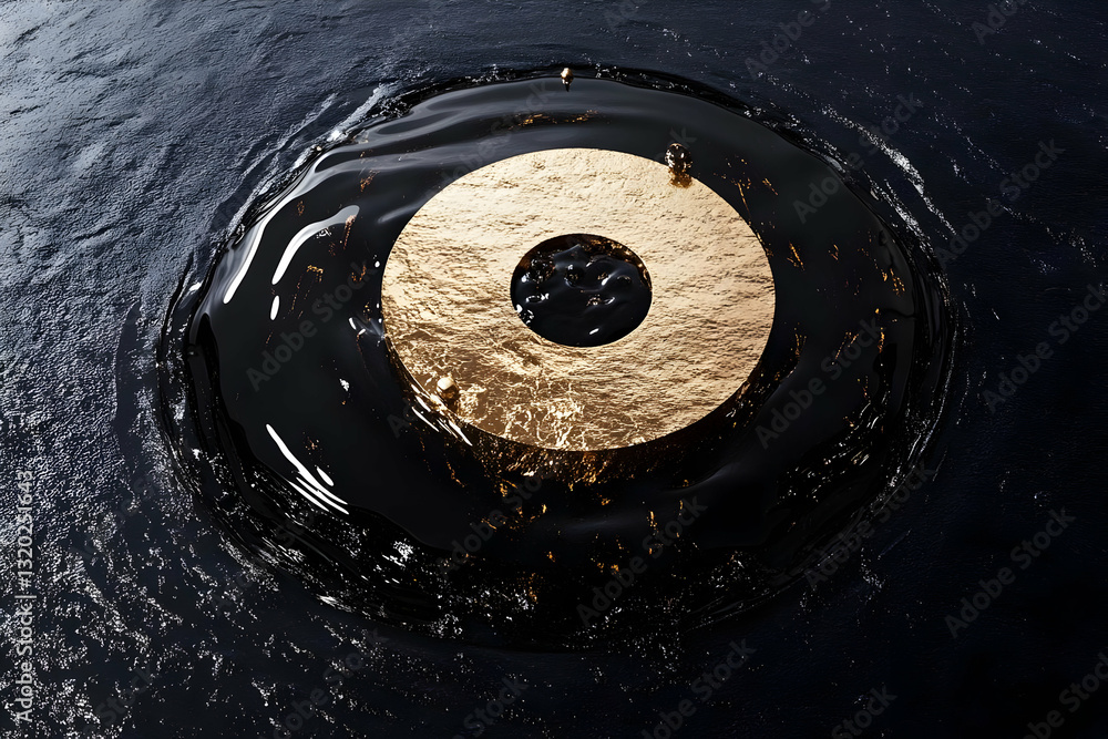 Poster abstract 3d render: golden ring floating on dark liquid, creating ripples, elegant background