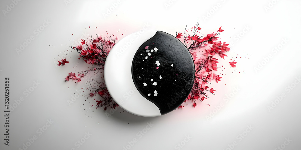 Poster 3d render of yin yang circle with pink blossoms: abstract background image