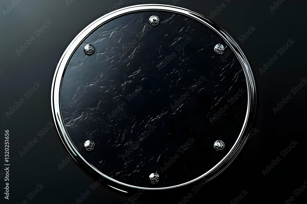 Poster circular black abstract background with chrome frame and studs, stylish dark design element for deco