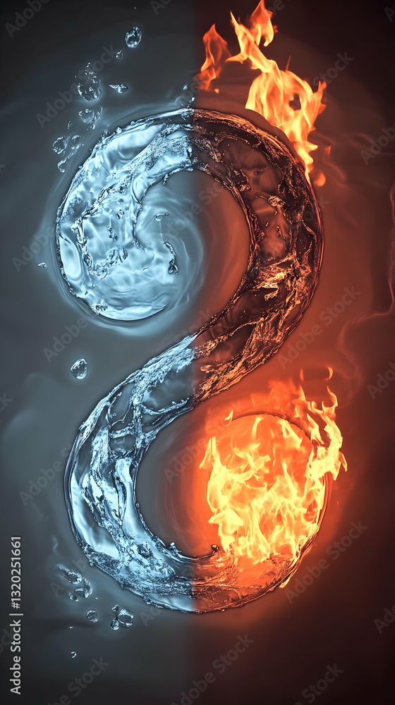 Poster abstract 3d render of intertwined water and fire, forming a yin yang symbol, with dynamic splashes a