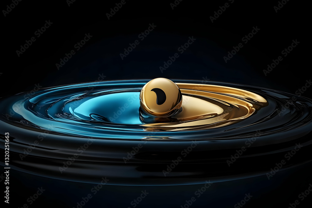 Poster 3d render of golden sphere falling into teal and gold liquid, creating abstract ripples in dark back