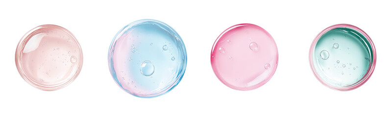 pink, blue and green gel samples on white background