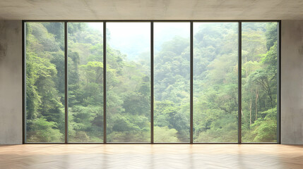 Fototapeta premium Serene 3D Rendering: Room with Large Window Overlooking Lush Green Forest Landscape, Peaceful Nature View.