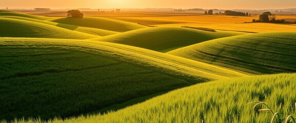 Obraz premium Rolling green hills, sun-drenched fields of wheat, distant trees, crops, rural