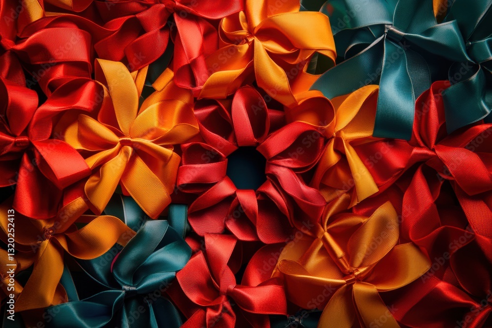 Poster ribbons and bows arranged in a spiral with a clear central area for text or logos featuring vibrant 