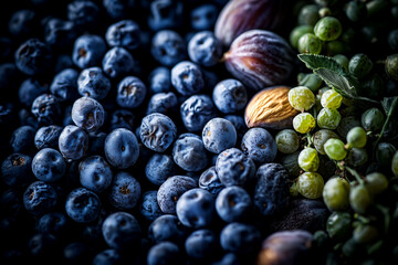 Fototapeta premium Close up of blueberries and other fruits. The blueberries are frozen and the other fruits are fresh