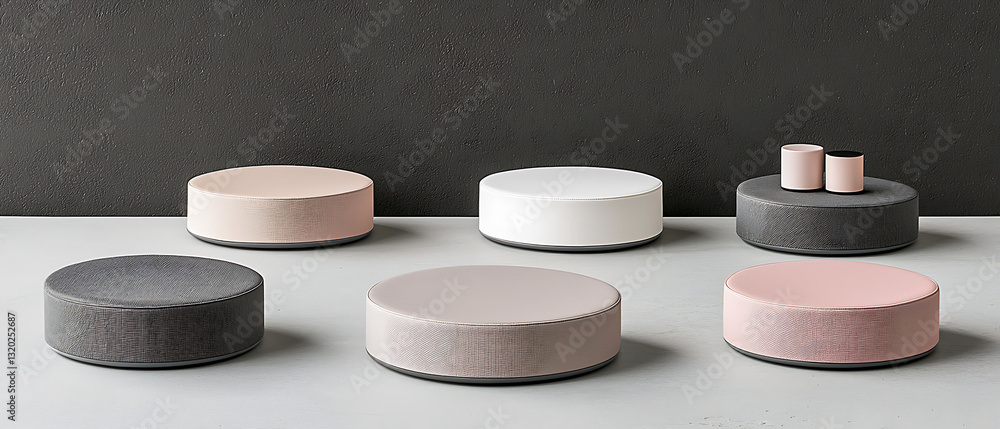 Poster minimalist display of round ceramic objects on table indoor setting product photography neutral colo