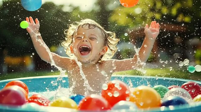 Joyful toddler enjoying water fun with colorful balls in a kiddie pool on a sunny day