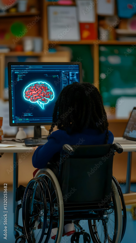 Poster person in wheelchair views 3d brain model on computer screen, studying neuroscience digitally in cla