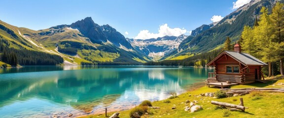 Secluded cabin nestled beside pristine alpine lake in a sun-drenched mountain valley, calm, remote