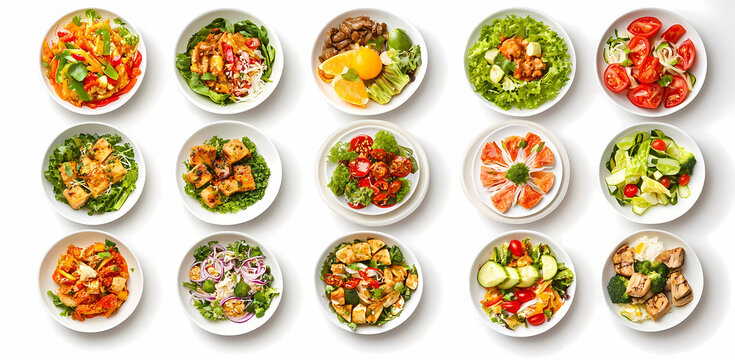 Variety of Healthy Dishes: An overhead shot showcasing an array of colorful and healthy meal options, including salads, stir-fries, and protein bowls, in individual white bowls.