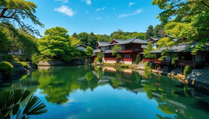 Serene Kyoto river scene, tranquil waters reflecting lush greenery, environment, stillness