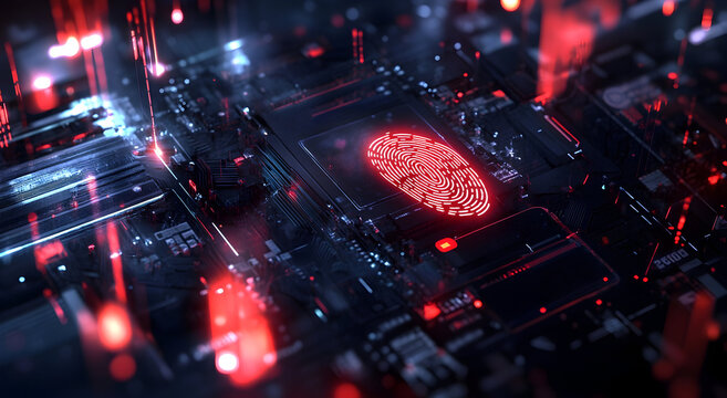 Futuristic Digital Circuitry Featuring Red Fingerprint Symbol Representing Data Security With Abstract Patterns and High-Tech Elements in a Dark Environment