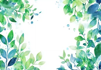 Watercolor leaf border background, Wedding invitation blue-green botanical frame, Commercial card natural design material