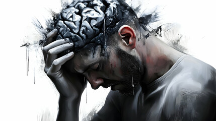 Abstract Painting of a Man with Exposed Brain, Showing Intense Mental Anguish and Despair,  Rendered in Monochromatic Hues with Expressive Brushstrokes.