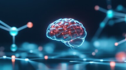 Glowing digital brain amidst abstract connections and molecules symbolizing innovation, technology, and neuroscience in a futuristic environment